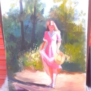 HI BARBIE Lady in Pink Cottage Garden Oil Painting Garden Nature 16x20"